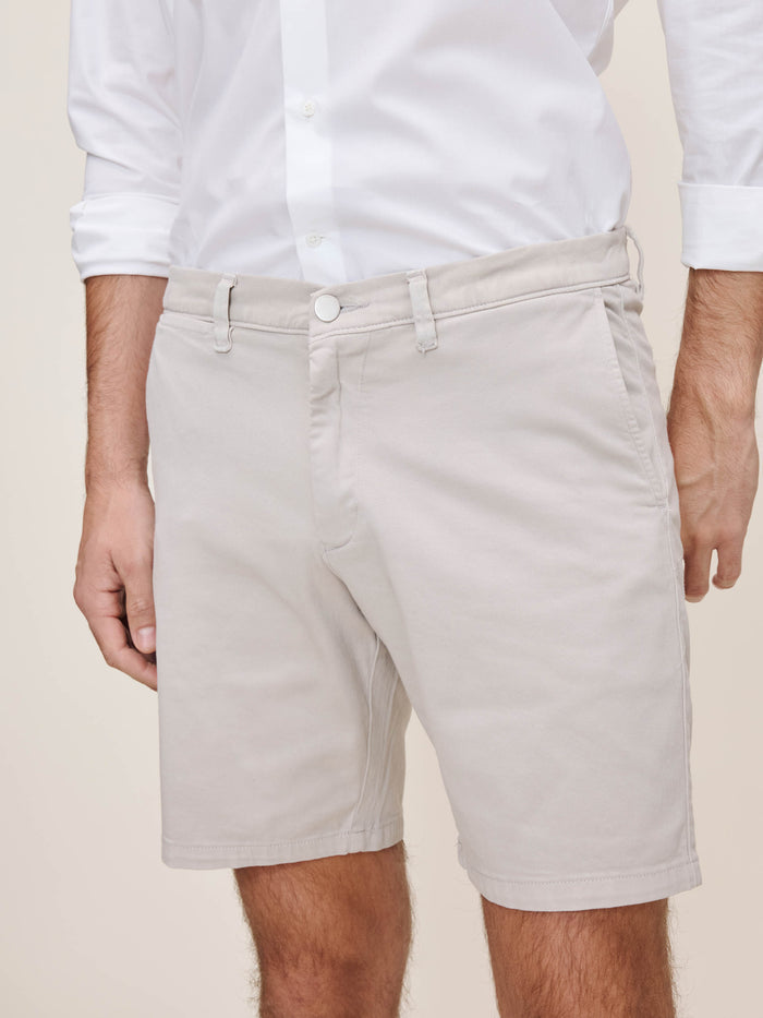 DL1961 men's Jake chino shorts in light grey 'Light Grey', close-up front detail on model.