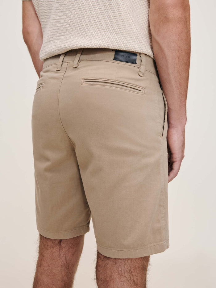 DL1961 men's Jake chino shorts in tan 'Soft Beige', close-up back pocket detail.