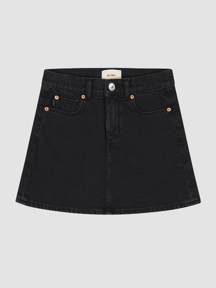 DL1961 girls' Jenny mini skirt in black denim 'Nightshade', flat front view.