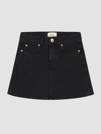 DL1961 girls' Jenny mini skirt in black denim 'Nightshade', flat front view.