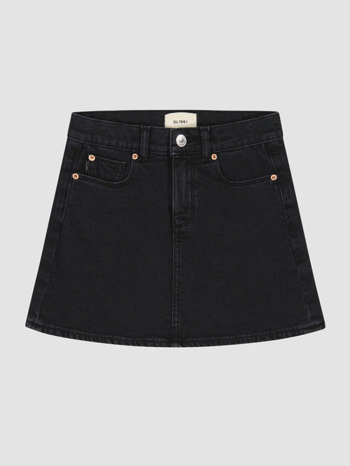 DL1961 girls' Jenny mini skirt in black denim 'Nightshade', flat front view.