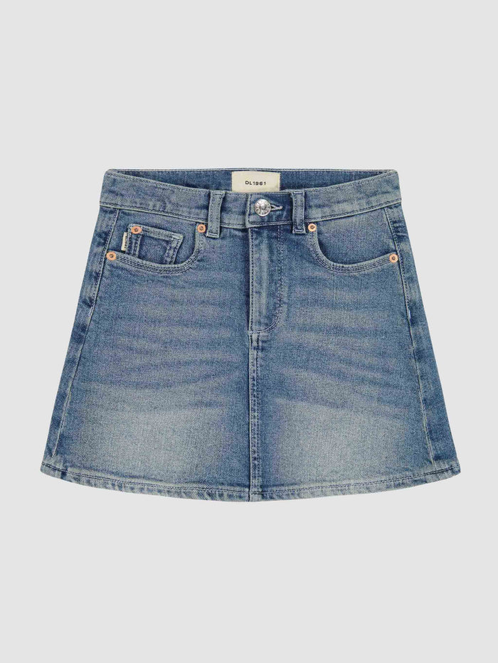 DL1961 girls' Jenny mini skirt in mid-indigo denim 'Springdale', flat front view.