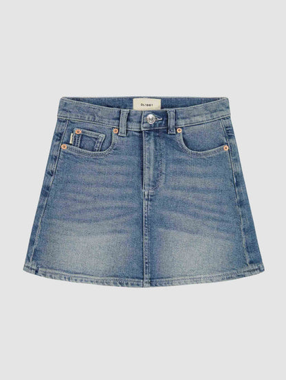 DL1961 girls' Jenny mini skirt in mid-indigo denim 'Springdale', flat front view.