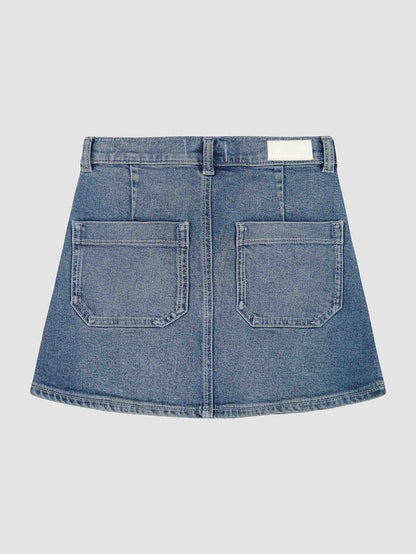 DL1961 girls' Jenny mini skirt in mid-indigo denim 'Springdale', flat back view with patch pockets.