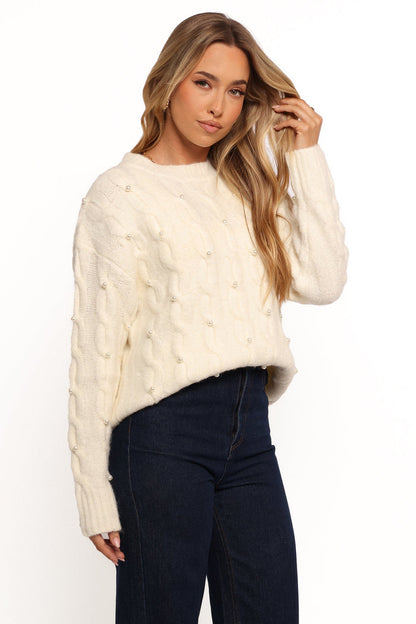 Petal and Pup USA KNITWEAR Kalai Cable Knit Pearl Detail Knit Sweater - Cream