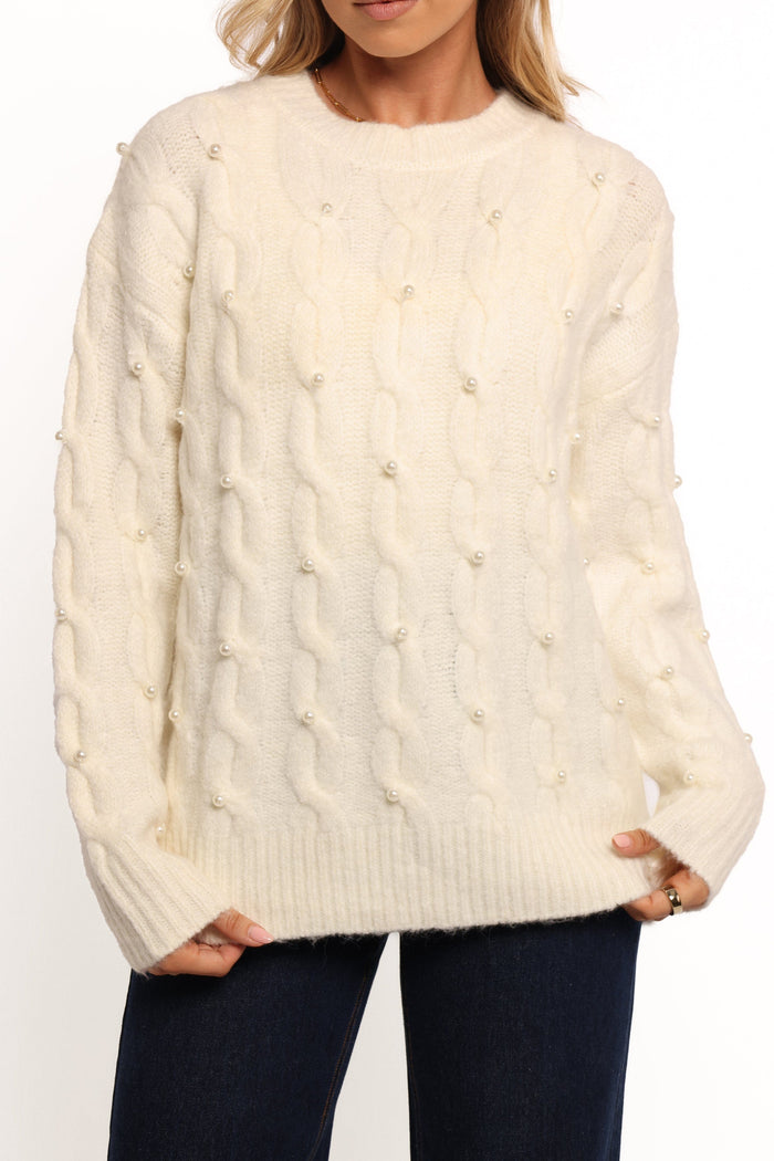 Petal and Pup USA KNITWEAR Kalai Cable Knit Pearl Detail Knit Sweater - Cream