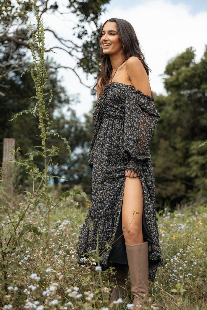 Petal and Pup USA DRESSES Keziah Long Sleeve Maxi Dress - Navy Ditsy Floral