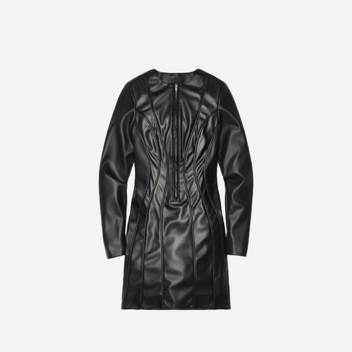 KHY FAUX LEATHER LONG SLEEVE MINI DRESS BLACK