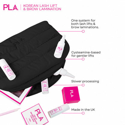 Korean lash lift and brow lamination kit with a black zippered pouch and multiple white and pink bottles and boxes, shown on a white background with feature callout text.
