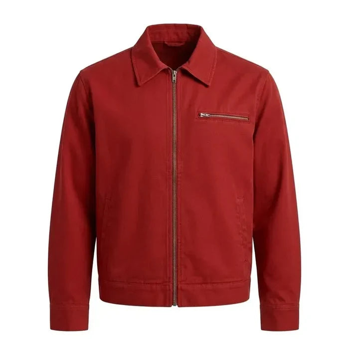 Front view of the Leveljacket Crimson Red cotton utility jacket showcasing a pointed turn-down collar, metallic front zipper, a horizontal zippered left chest pocket, and a clean minimalist back panel design.