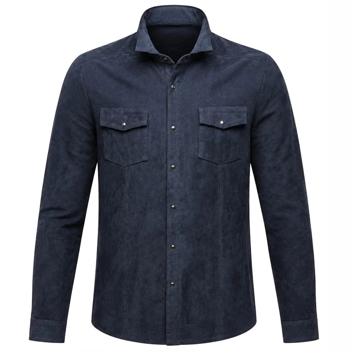 Front catalog views of the Leveljacket Navy Blue suede shirt jacket, highlighting its rich velvet texture, spread collar, double pointed-flap chest pockets with metallic snap closures, snap cuffs, and a classic curved shirt-tail hemline