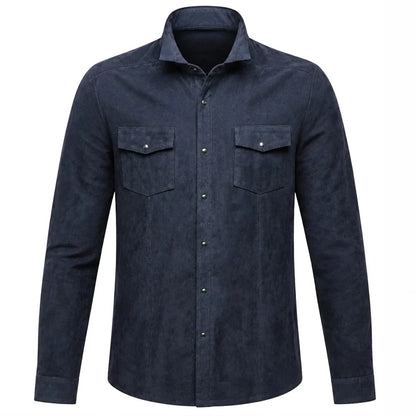 Front catalog views of the Leveljacket Navy Blue suede shirt jacket, highlighting its rich velvet texture, spread collar, double pointed-flap chest pockets with metallic snap closures, snap cuffs, and a classic curved shirt-tail hemline
