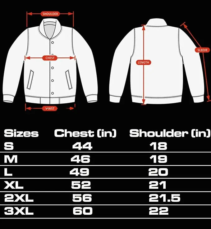 Measurement chart for a white jacket with labeled parts and size chart on a black background