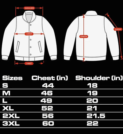 Measurement chart for a white jacket with labeled parts and size chart on a black background