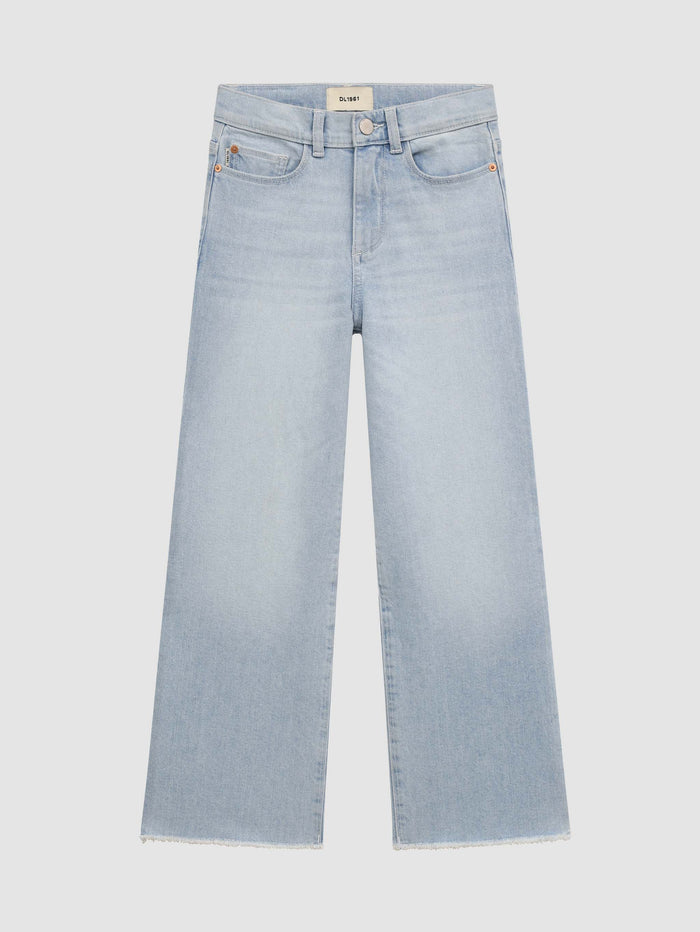 DL1961 girls' Lily Wide Leg jeans in light blue 'Poolside', flat front view.
