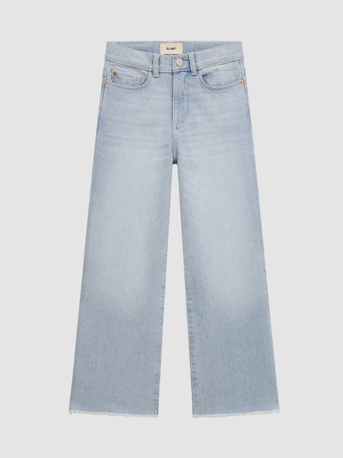 DL1961 girls' Lily Wide Leg jeans in light blue 'Poolside', flat front view.