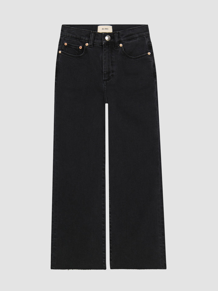 DL1961 girls' Lily Wide Leg jeans in washed black 'Nightshade', flat front view.