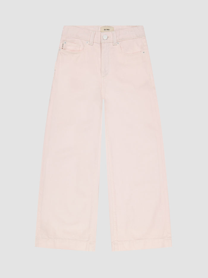 DL1961 girls' Lily wide-leg jeans in pale pink 'Primrose Pink', flat front view.