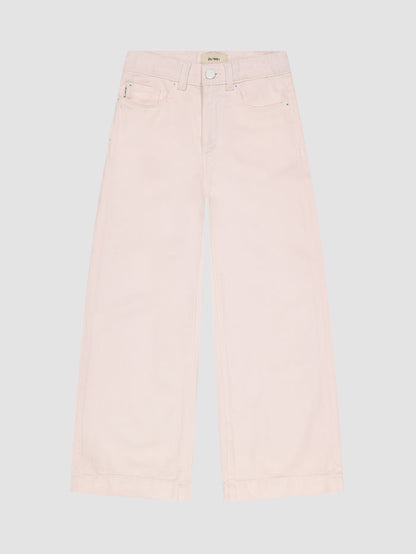 DL1961 girls' Lily wide-leg jeans in pale pink 'Primrose Pink', flat front view.