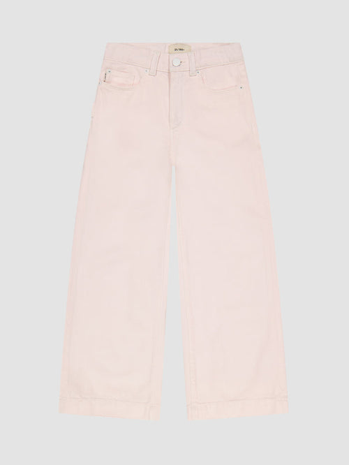 DL1961 girls' Lily wide-leg jeans in pale pink 'Primrose Pink', flat front view.