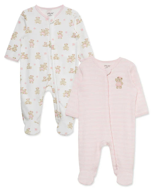 Little Me Dainty Pink Bears 2-Way-Zip Footies 2-Pack