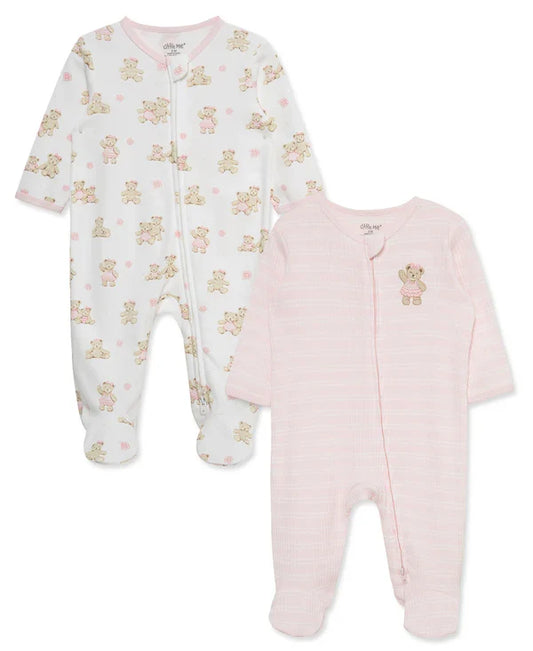 Little Me Dainty Pink Bears 2-Way-Zip Footies 2-Pack