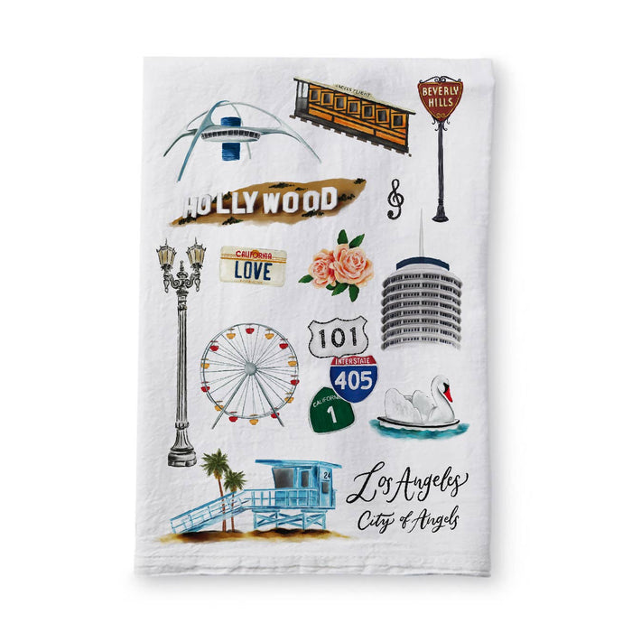 White tea towel with Los Angeles collage prints and landmark illustrations, includes text graphics