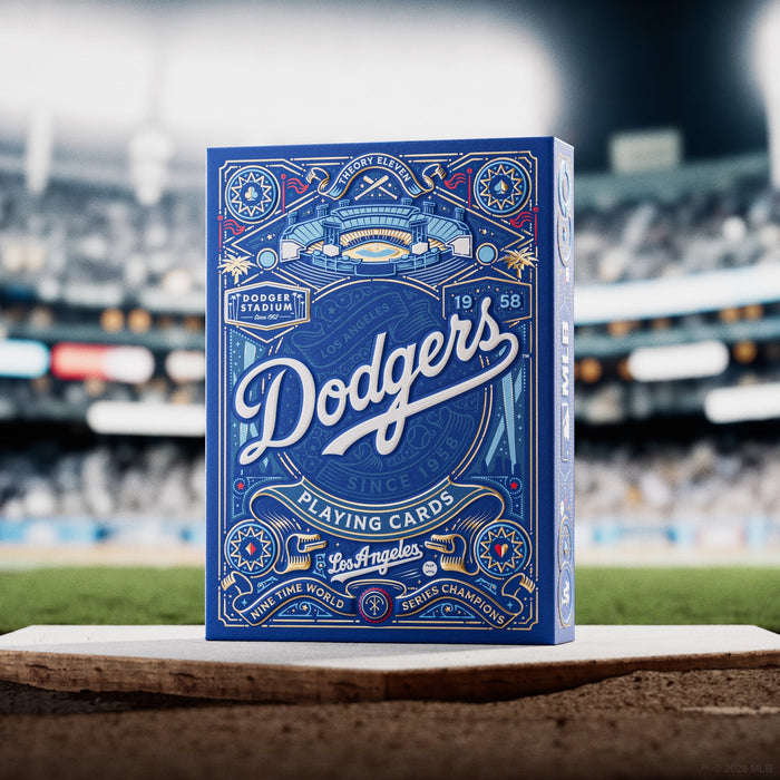 Blue Los Angeles Dodgers playing cards box with Dodgers logo and ornate border