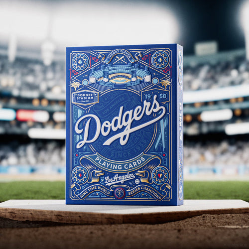 Blue Los Angeles Dodgers playing cards box with Dodgers logo and ornate border