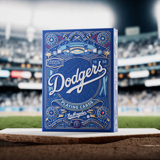 Blue Los Angeles Dodgers playing cards box with Dodgers logo and ornate border