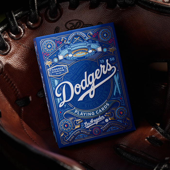 Blue Dodgers playing cards deck in brown leather bag
