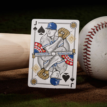 Baseball-themed playing card showing J of spades with Dodgers player illustration