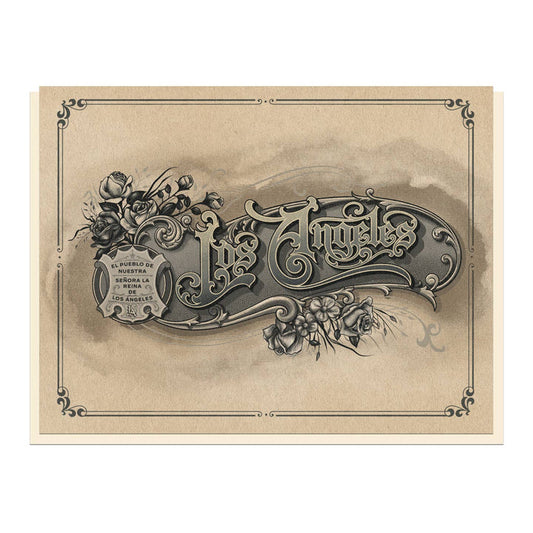 Vintage ephemera greeting card with ornate scroll frame, scripted text, roses, sepia tone