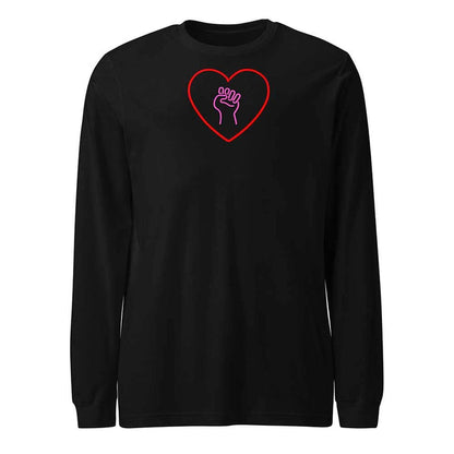 Black long-sleeve shirt with a red heart and pink solidarity fist on a white background