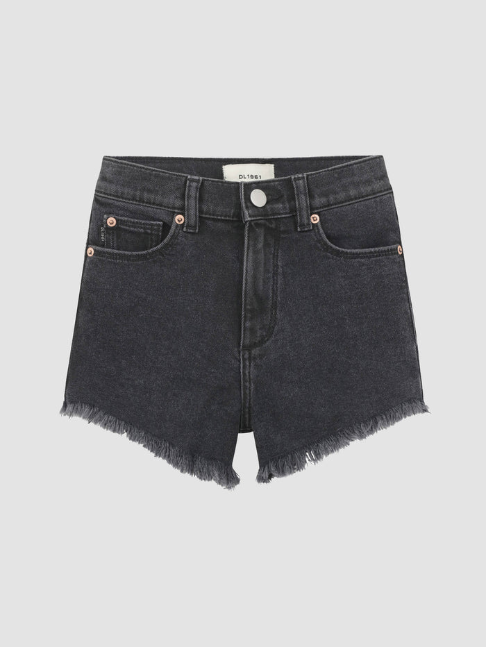 DL1961 girls' Lucy High Rise Cut Off shorts in washed black 'Nightshade', flat front view.