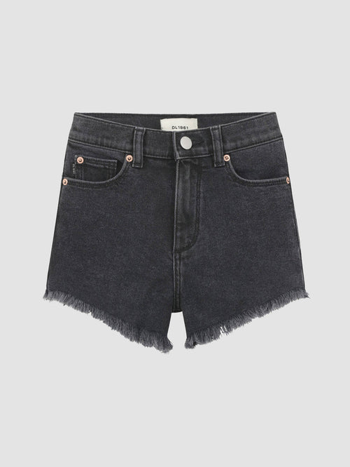 DL1961 girls' Lucy High Rise Cut Off shorts in washed black 'Nightshade', flat front view.