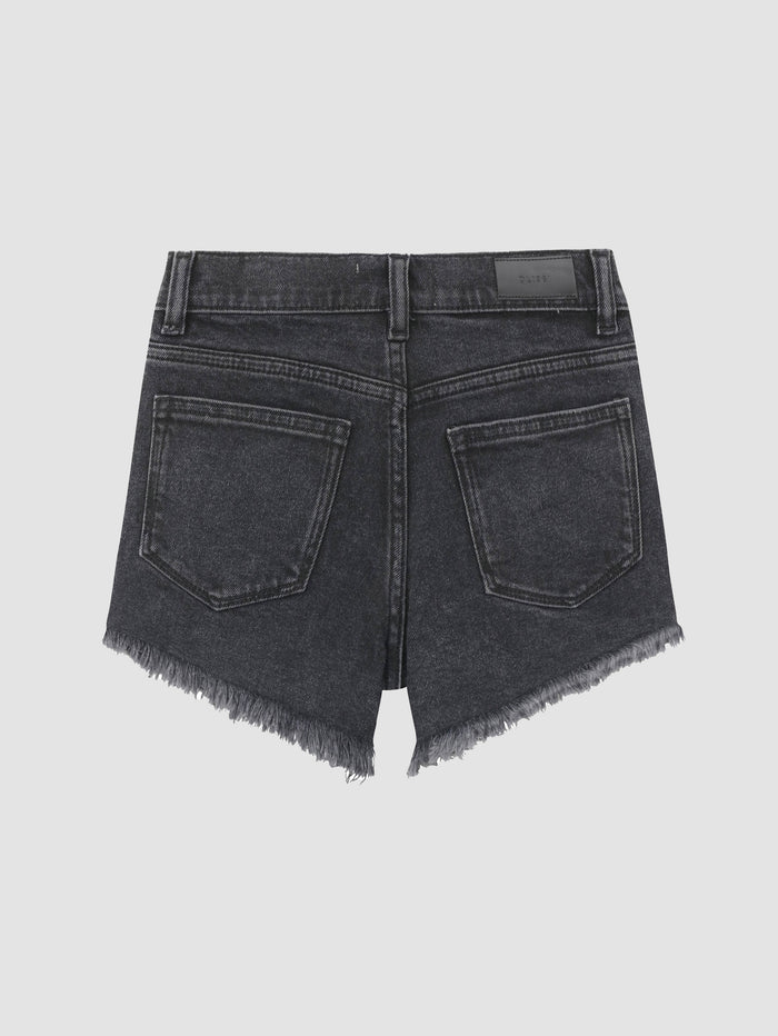 DL1961 girls' Lucy High Rise Cut Off shorts in washed black 'Nightshade', flat back view.