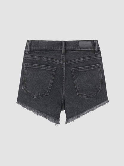 DL1961 girls' Lucy High Rise Cut Off shorts in washed black 'Nightshade', flat back view.