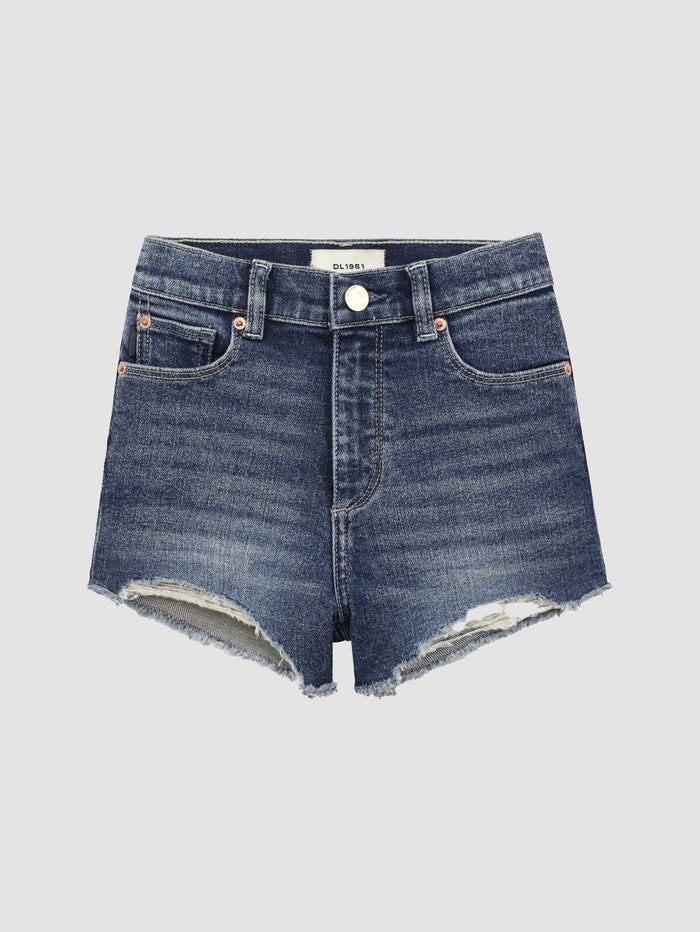 DL1961 girls' Lucy High Rise Cut Off shorts in dark blue 'Palmwood', frayed hem, flat front view.