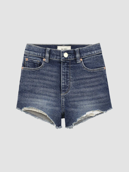 DL1961 girls' Lucy High Rise Cut Off shorts in dark blue 'Palmwood', frayed hem, flat front view.