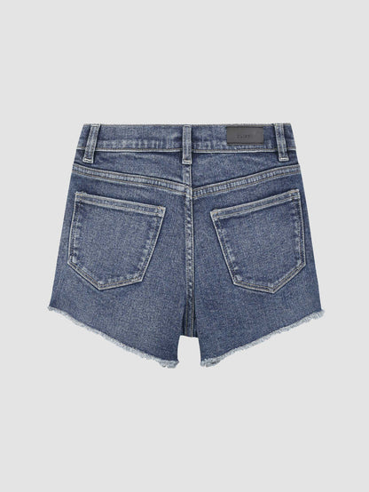 DL1961 girls' Lucy High Rise Cut Off shorts in dark blue 'Palmwood', flat back view.