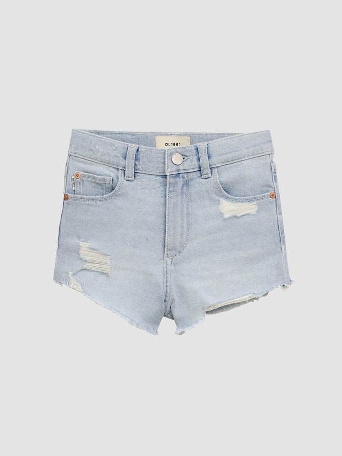 DL1961 girls' Lucy High Rise Cut Off shorts in light blue 'Poolside Distressed', flat front view.