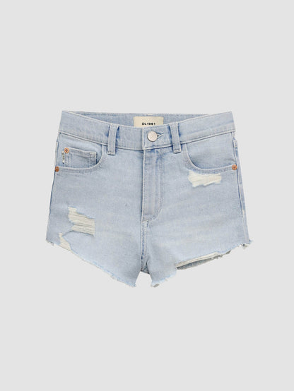 DL1961 girls' Lucy High Rise Cut Off shorts in light blue 'Poolside Distressed', flat front view.