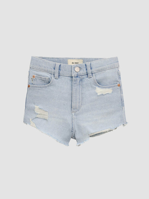 DL1961 girls' Lucy High Rise Cut Off shorts in light blue 'Poolside Distressed', flat front view.