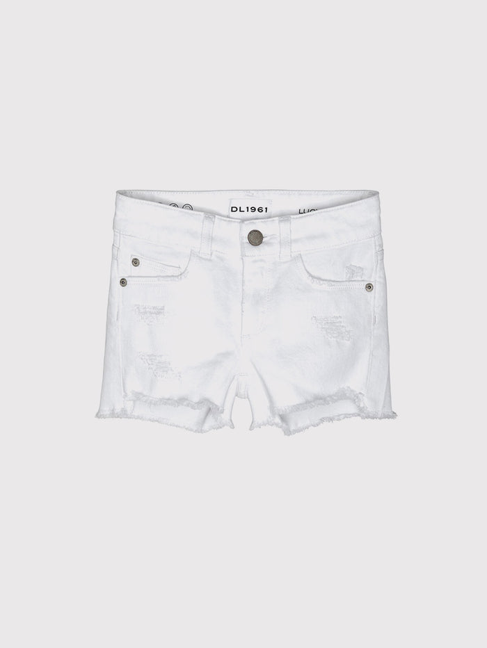DL1961 girls' Lucy Short in white 'Wilshire', distressed cut-off, flat front view.