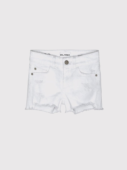 DL1961 girls' Lucy Short in white 'Wilshire', distressed cut-off, flat front view.