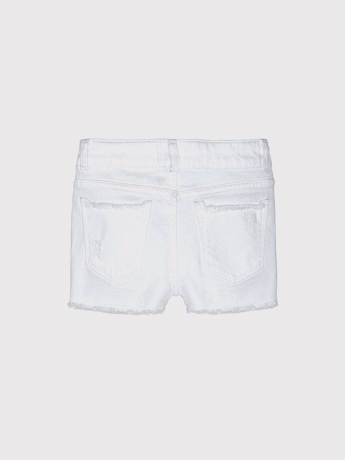 DL1961 girls' Lucy Short in white 'Wilshire', distressed cut-off, flat back view.