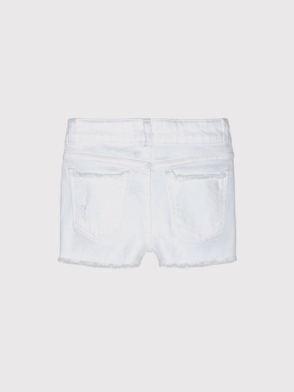DL1961 girls' Lucy Short in white 'Wilshire', distressed cut-off, flat back view.