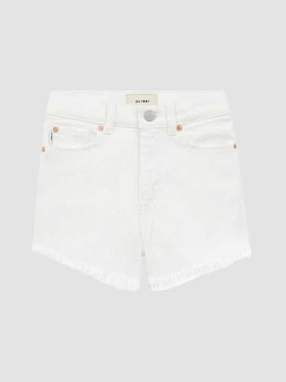 DL1961 girls' Lucy High Rise cut-off denim shorts in white 'White Frayed', frayed hem, flat front view.