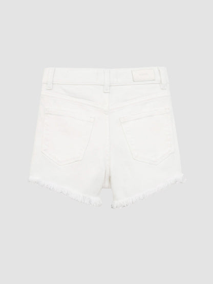 DL1961 girls' Lucy High Rise cut-off denim shorts in white 'White Frayed', frayed hem, flat back view.